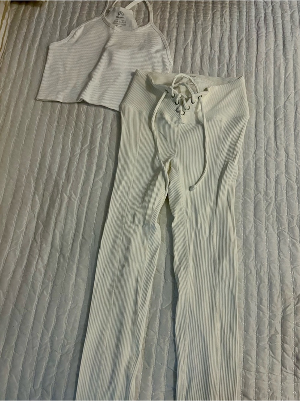 Year of Ours White Ribbed Lace-Up Waist Pants & Cropped Tank Set